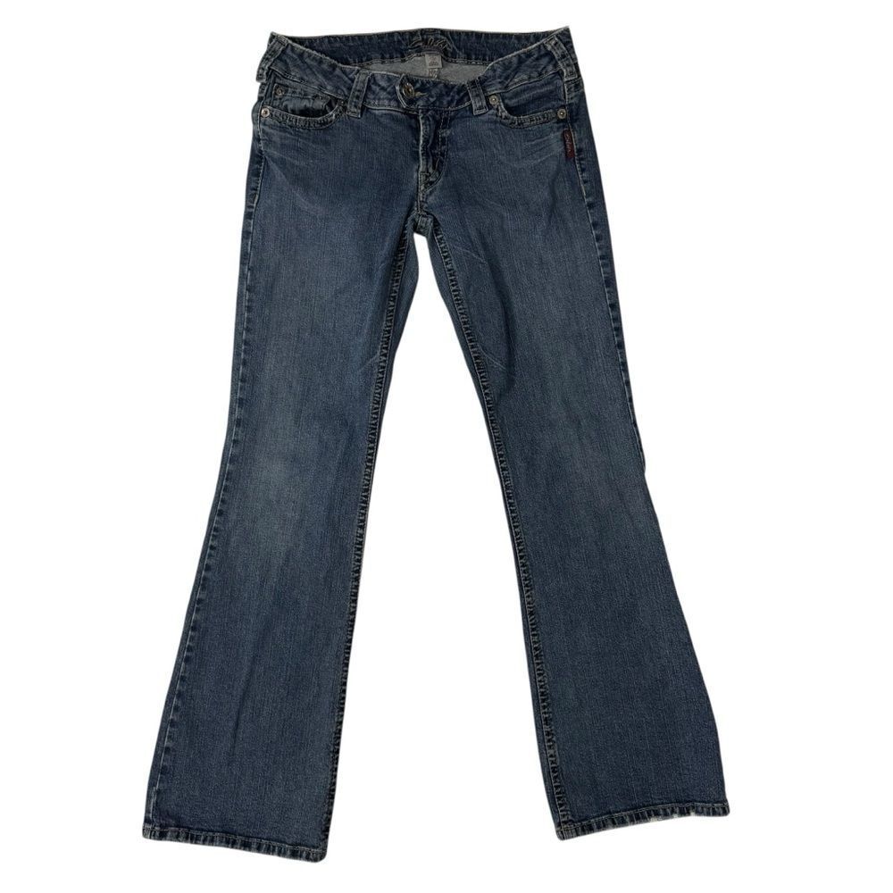 Silver Jeans Dark Wash Blue Cotton Denim Flare Leg Jeans Distressed size 31/33 - Picture 2 of 14